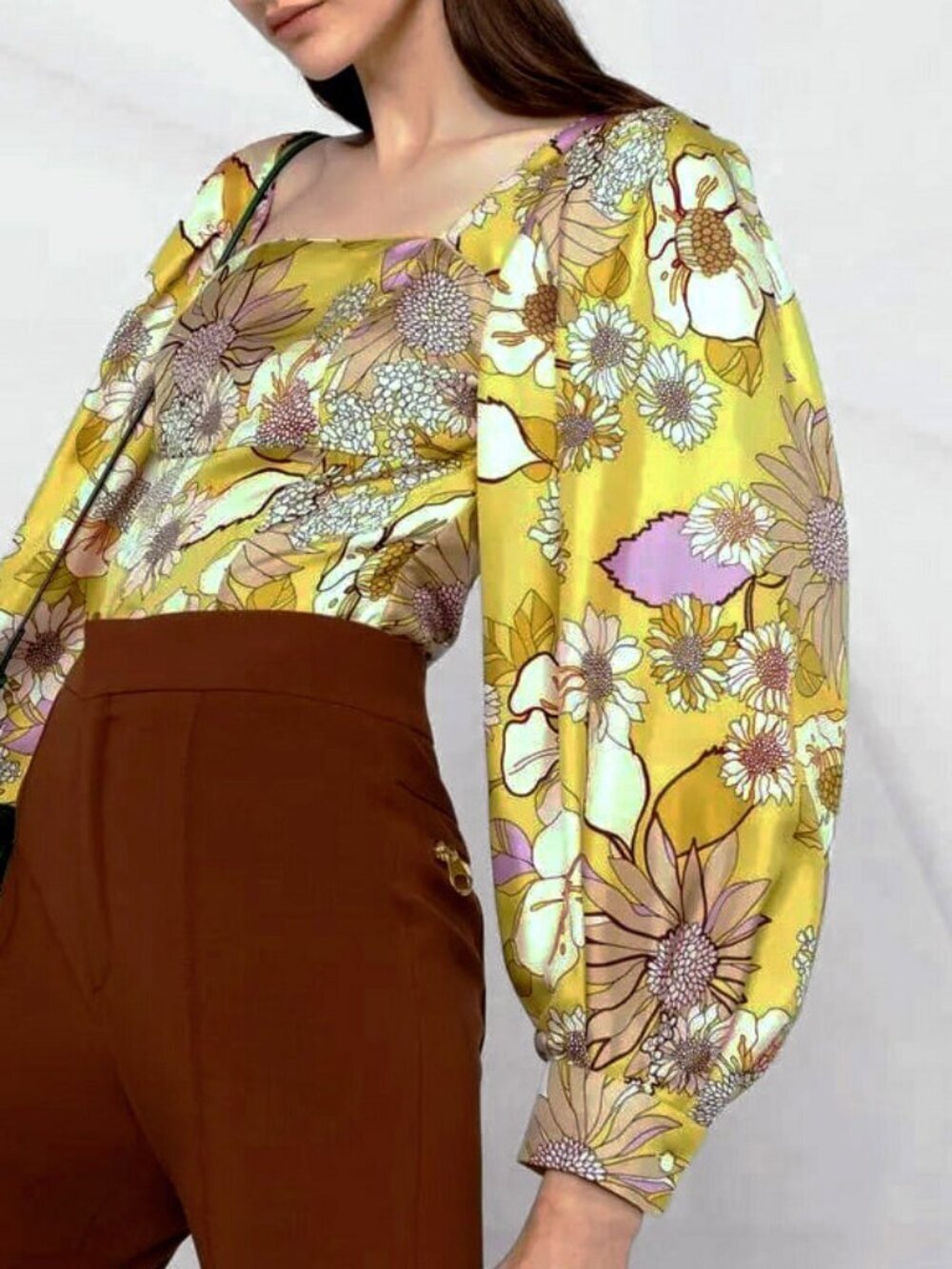 New Sandro Ginger 100% Silk Floral Blouse Chartreuse Medium $340